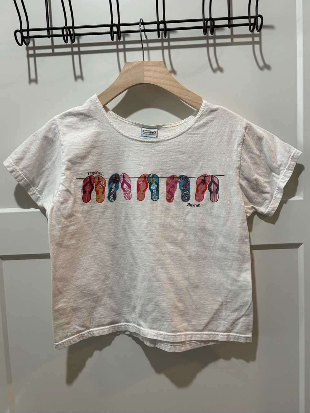 Women's White Crop Tee with Colorful Flip-Flop Graphic